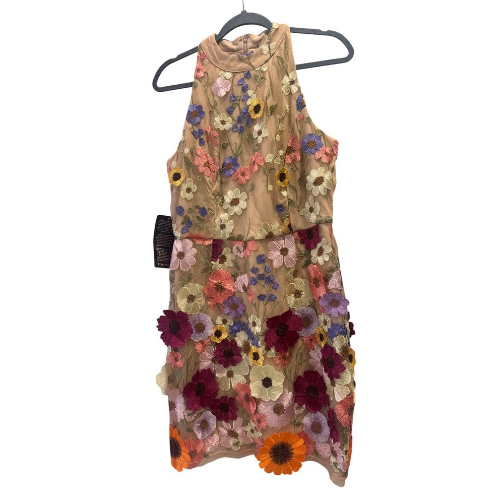 Bebe Mock Neck Sleeveless Statement Dress Nude Multi 3D Floral Embroidered L - Picture 2 of 9